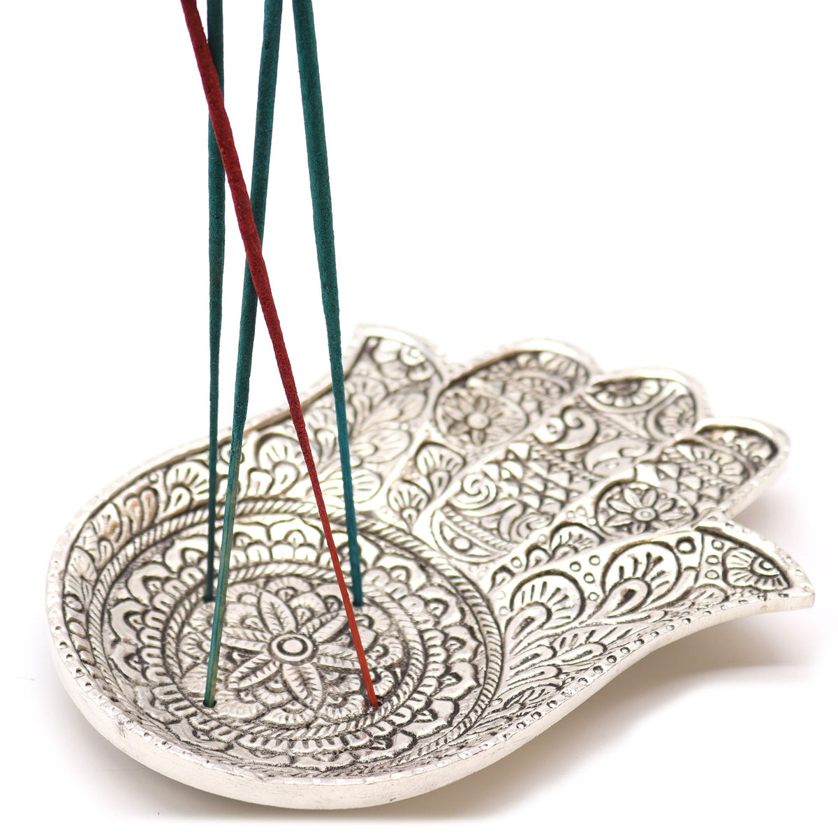 Rökelsehållare i aluminium – Hamsa, 18 × 13 cm
