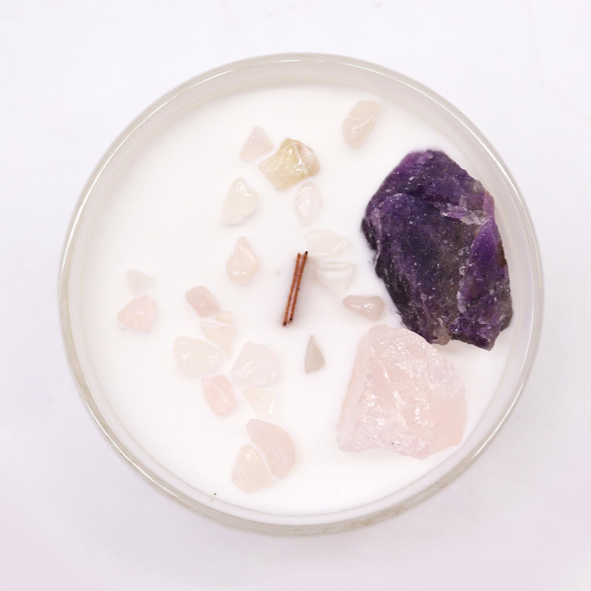Chakraljus med kristaller – Tredje ögat-chakra, ametist & rosenkvarts