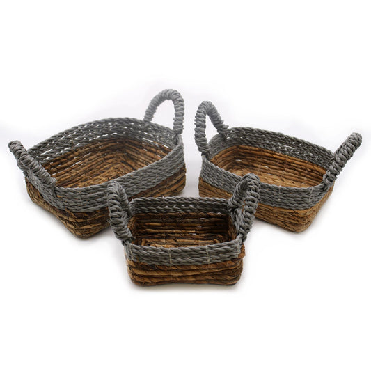 Förvaringskorgar av bananblad och raffia – grå detaljer, 3-pack