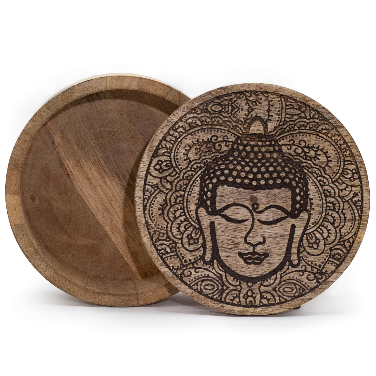 Rund träask – Buddha, svart gravyr, 17,5 × 7,5 cm