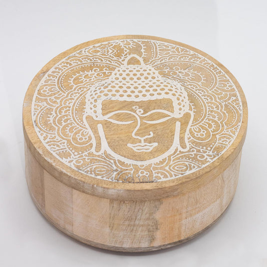 Rund träask – Buddha, vitlaserad, 17,5 × 7,5 cm