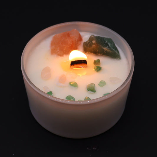 Chakraljus med kristaller – Hjärtchakra, rosenkvarts & jade