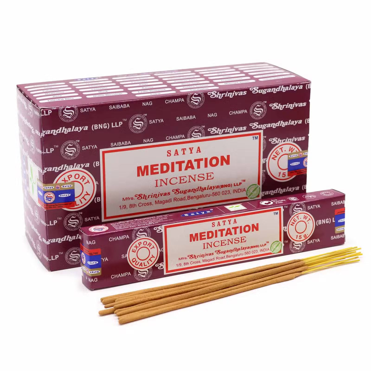 Satya Meditation rökelse 15 g – visas med displaylåda och pinnar; priset avser 1 ask