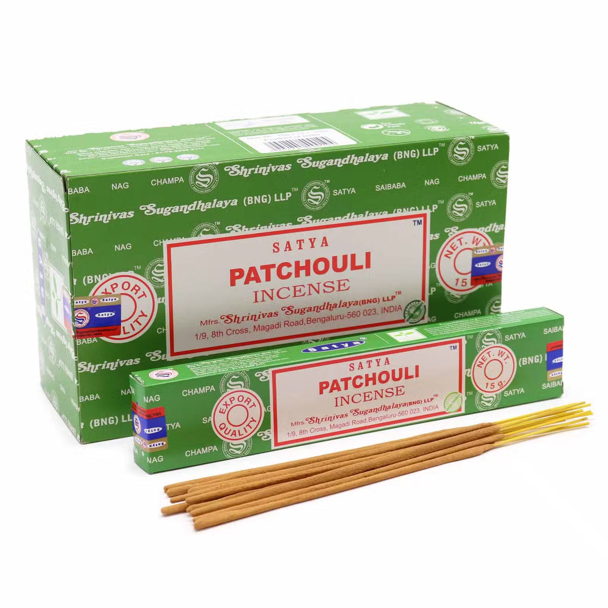 Satya Patchouli rökelse 15 g – visas med displaylåda och pinnar; priset avser 1 ask