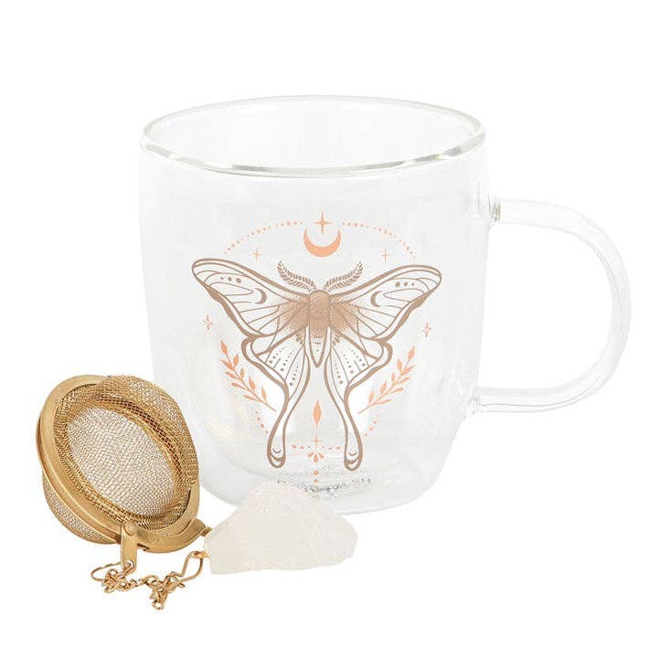 Glasmugg med Tesil med Bergkristall – Light Luna Moth