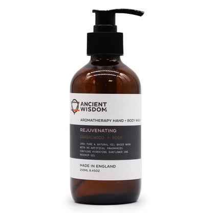Pumpflaska med aromaterapi hand- och duschtvål, Sandelträ & Ros, 250 ml