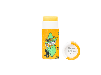 Öppet orange läppcerat med Snusmumriken och lock märkt Coconut & Honey, 8,5 g