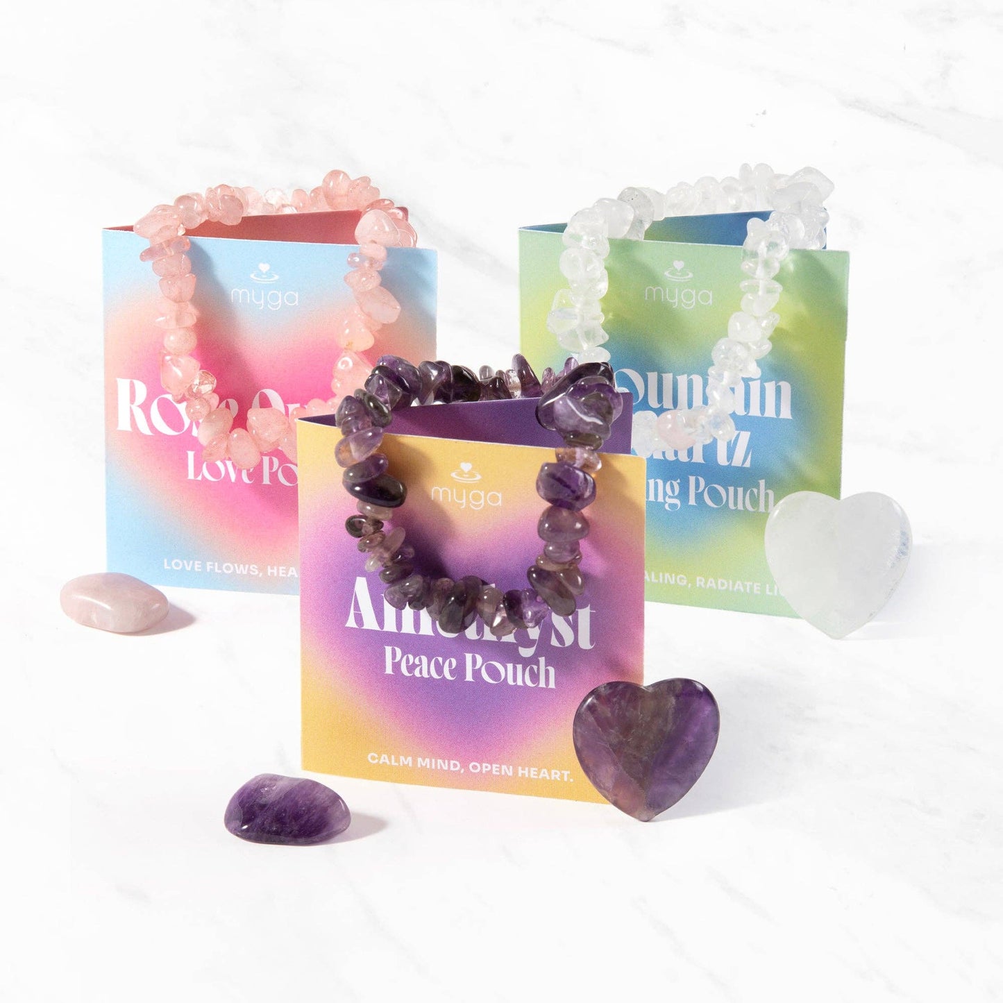 Stone Pouch Collection – Hjärtsten, Armband & Tumlad Kristall