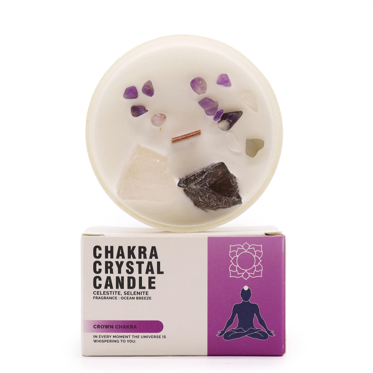 Chakraljus med kristaller – Kronchakra, celestit & selenit