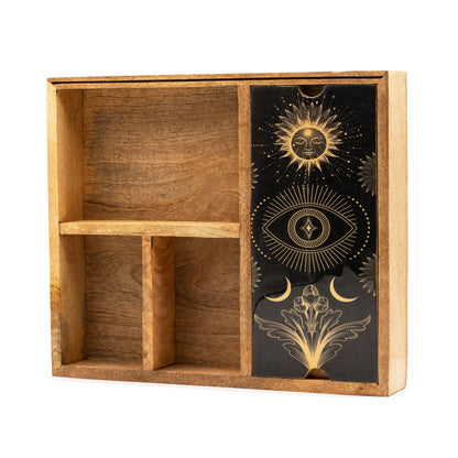 Tarotbox i mangoträ – fyra fack & korthållare