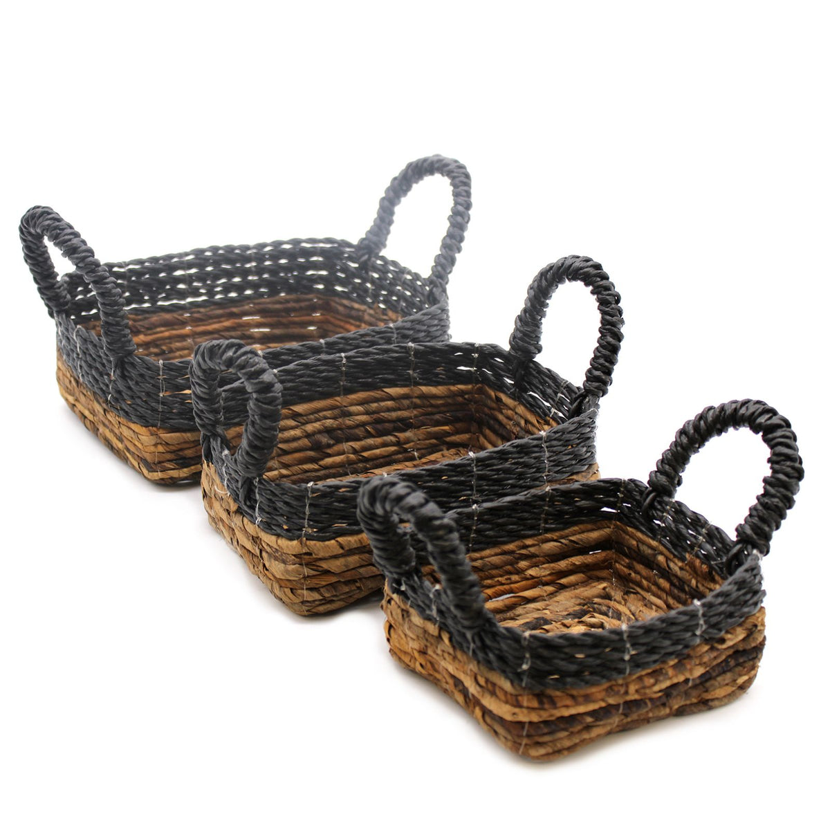 Förvaringskorgar av bananblad och raffia – svarta detaljer, 3-pack