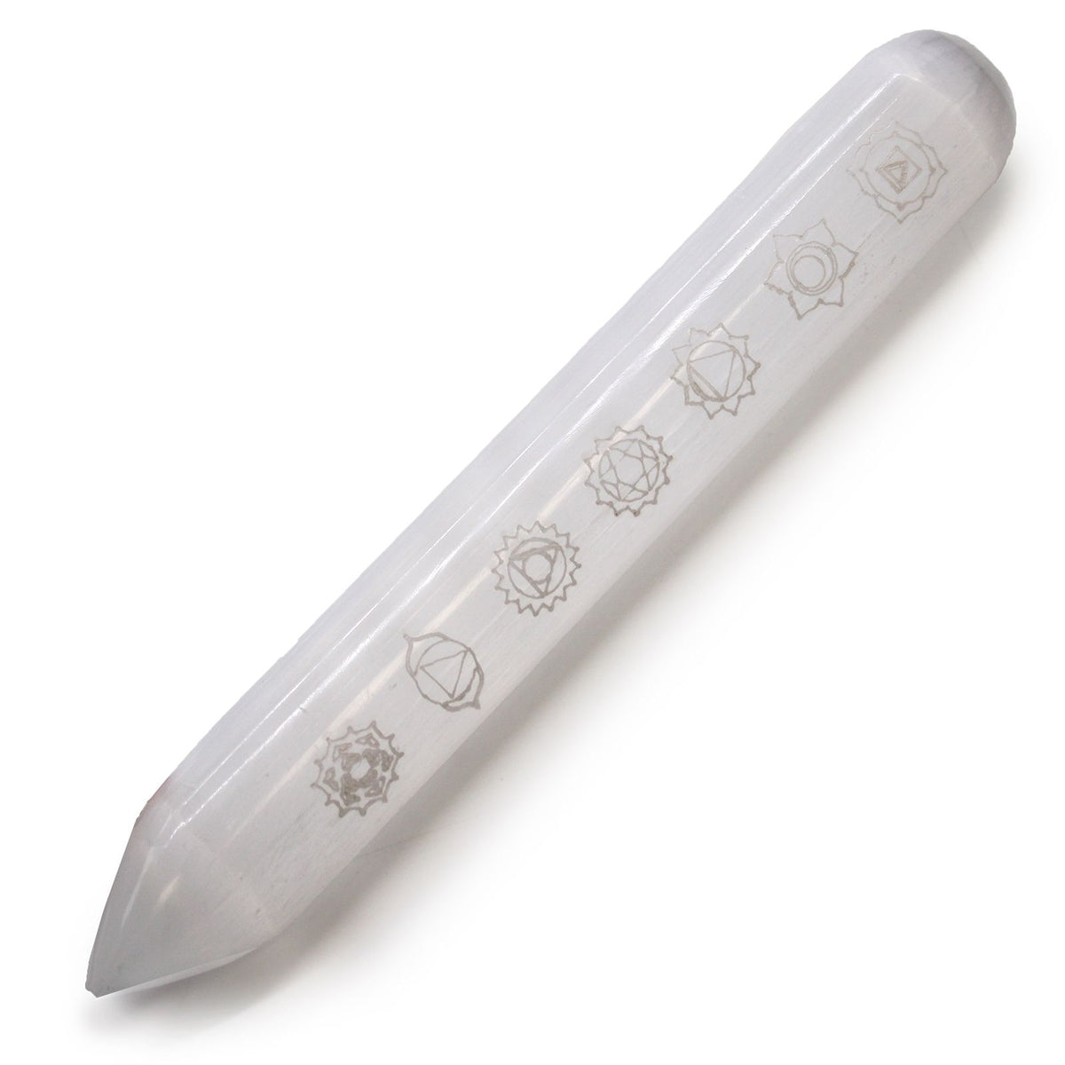 Selenitstav med sju chakrastenar – ca 14–16 cm