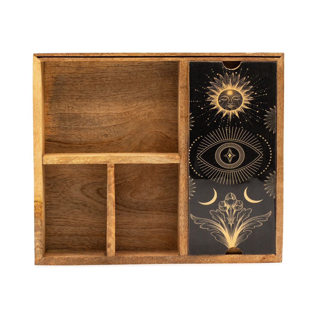 Tarotbox i mangoträ – fyra fack & korthållare