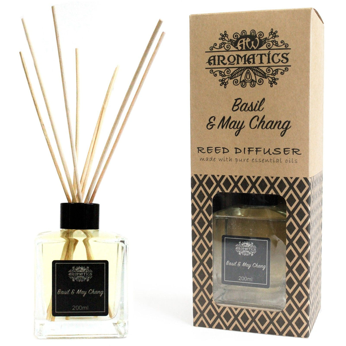 Doftpinnar med eteriska oljor – Basilika & may chang, 200 ml