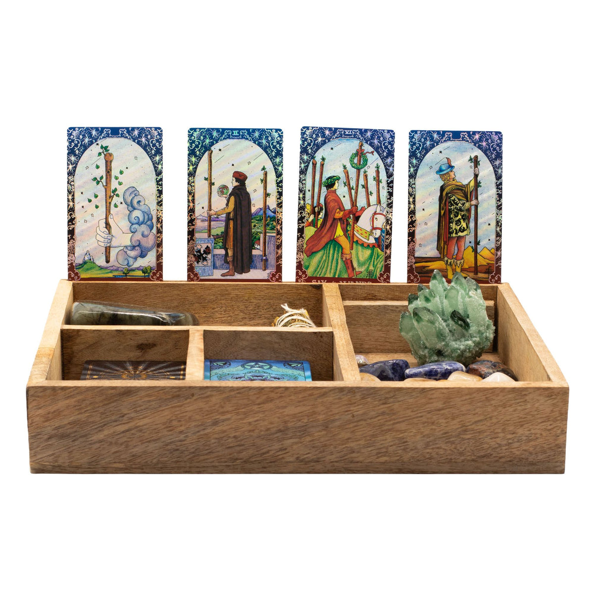 Tarotbox i mangoträ – fyra fack & korthållare