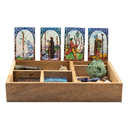 Tarotbox i mangoträ – fyra fack & korthållare