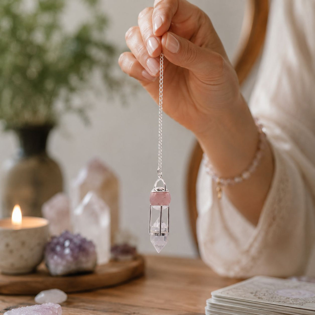 Kristallpendel Heart Whisperer – rosenkvarts & bergkristall