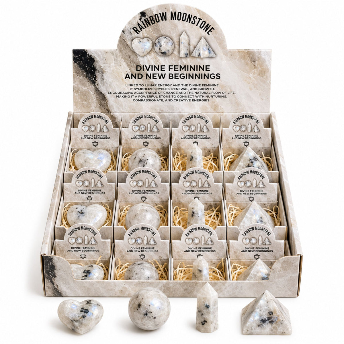 Kristallset med fyra former – regnbågsmånsten