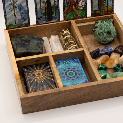 Tarotbox i mangoträ – fyra fack & korthållare