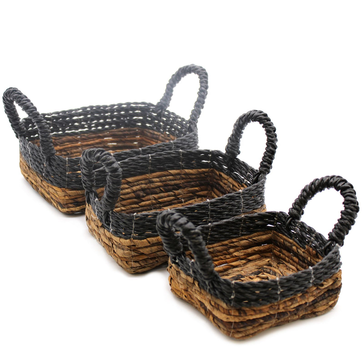 Förvaringskorgar av bananblad och raffia – svarta detaljer, 3-pack