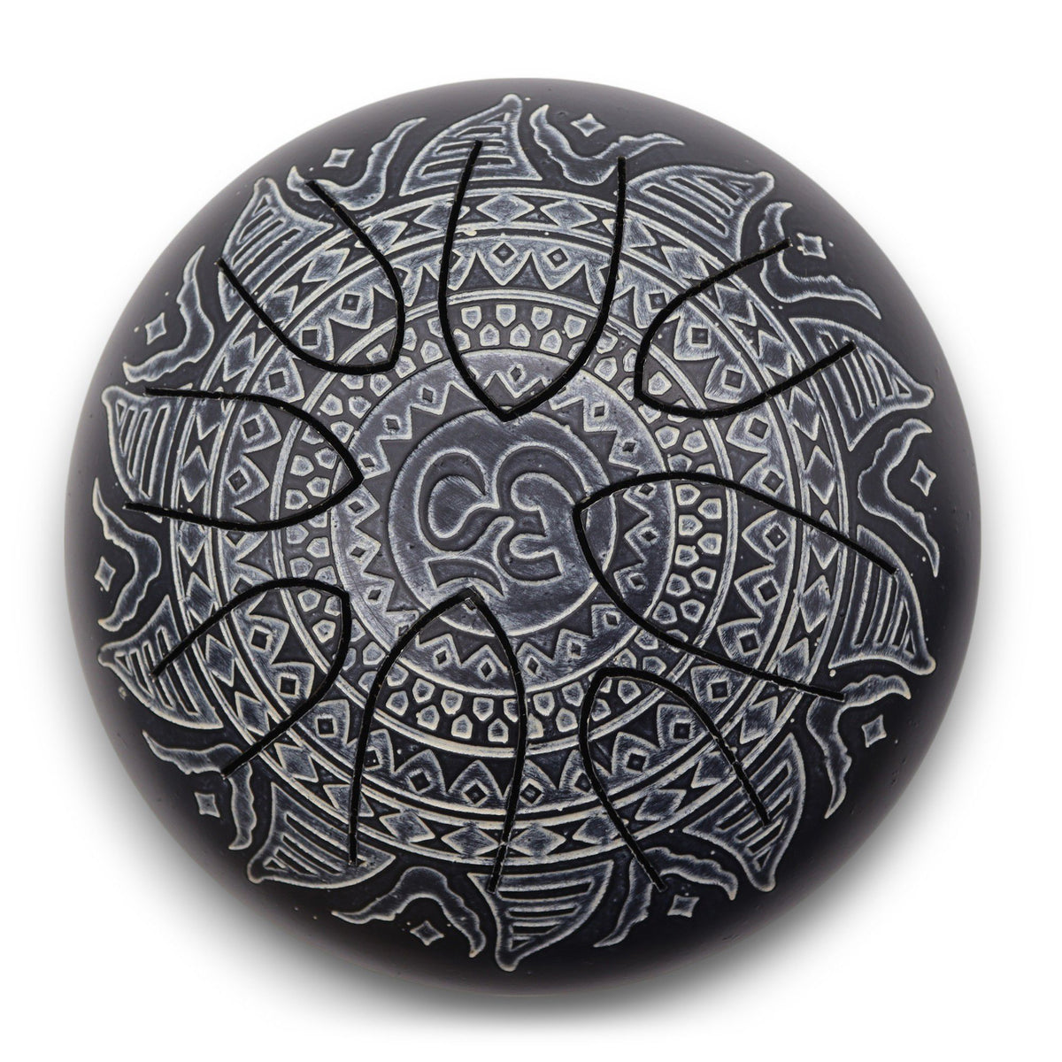 Ståltungtrumma – graverad Om-mandala, Ø16 cm
