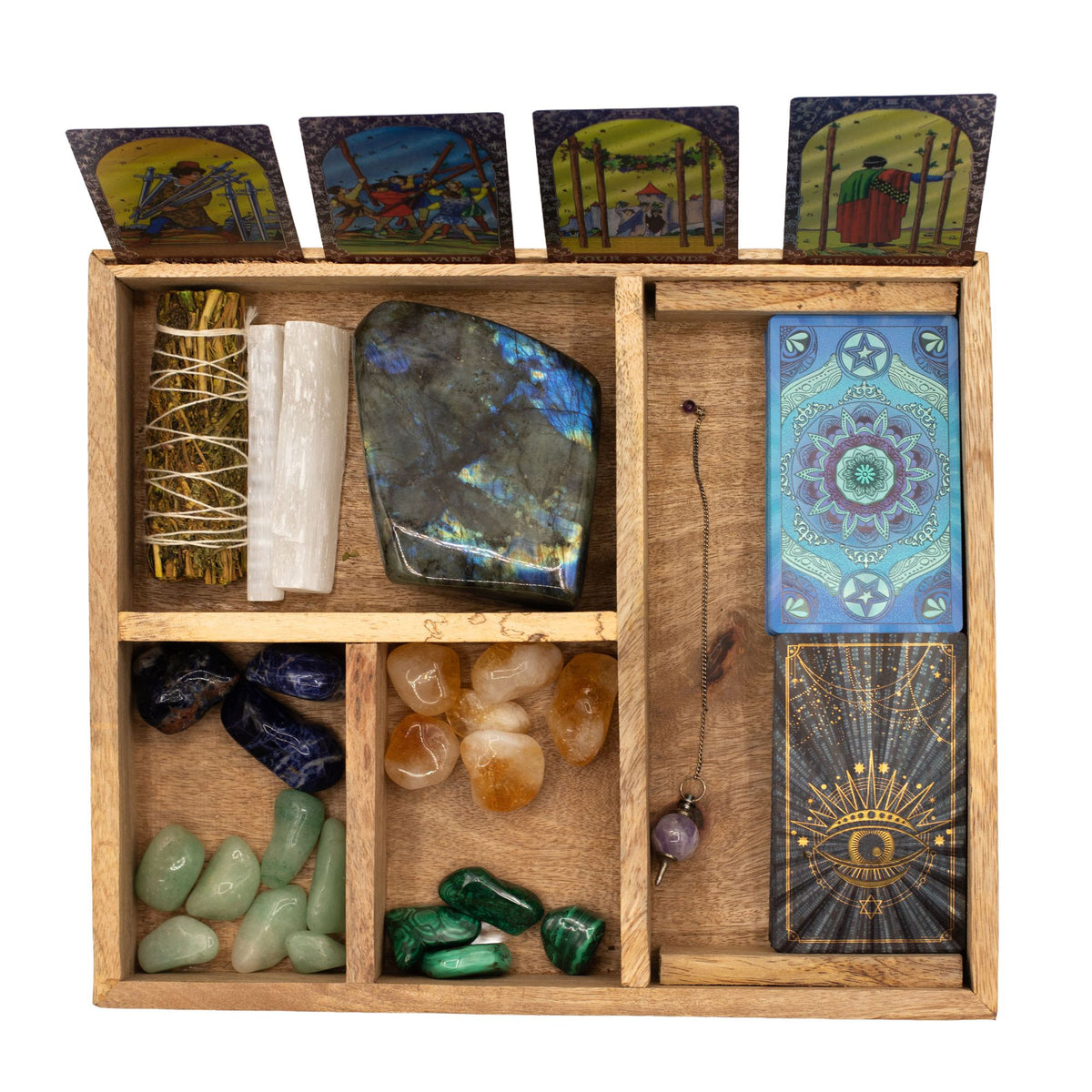 Tarotbox i mangoträ – fyra fack & korthållare