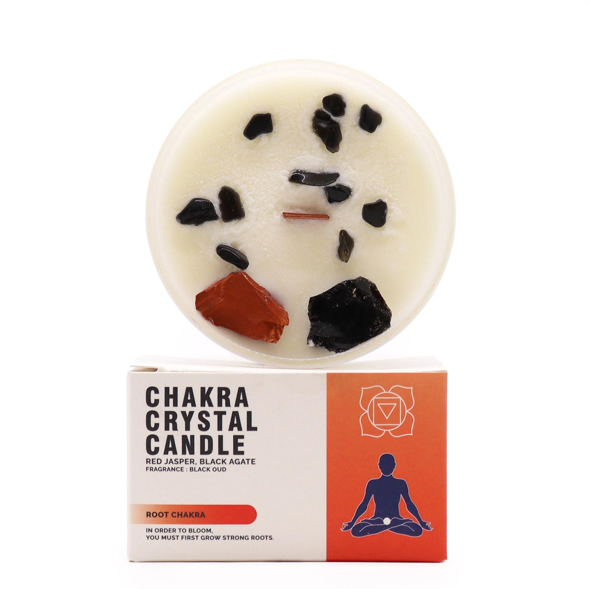 Chakraljus med kristaller – Rotchakra, röd jaspis & svart agat