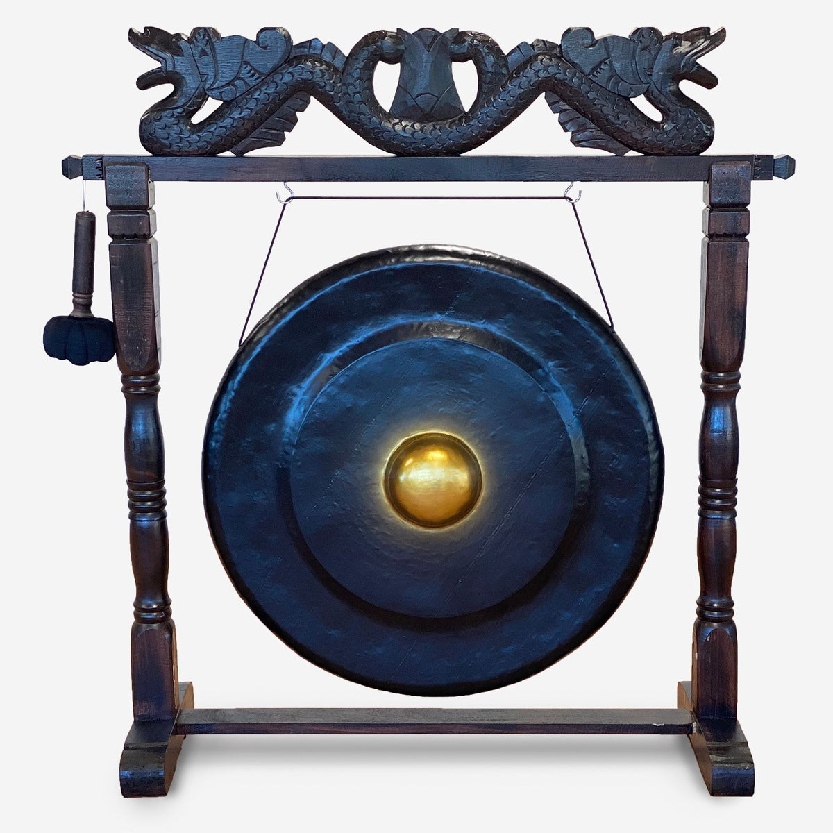 Gong med snidat trästativ – svart, 80 cm