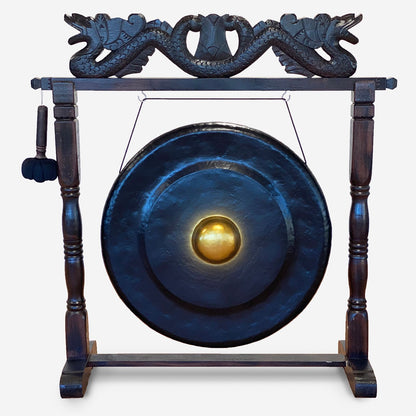 Gong med snidat trästativ – svart, 80 cm