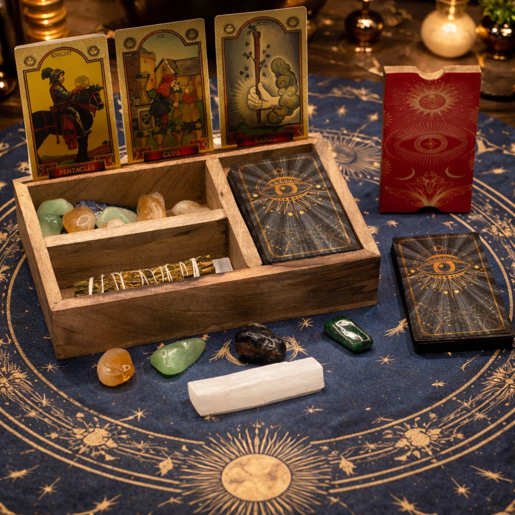 Tarotbox i mangoträ – tre fack & korthållare