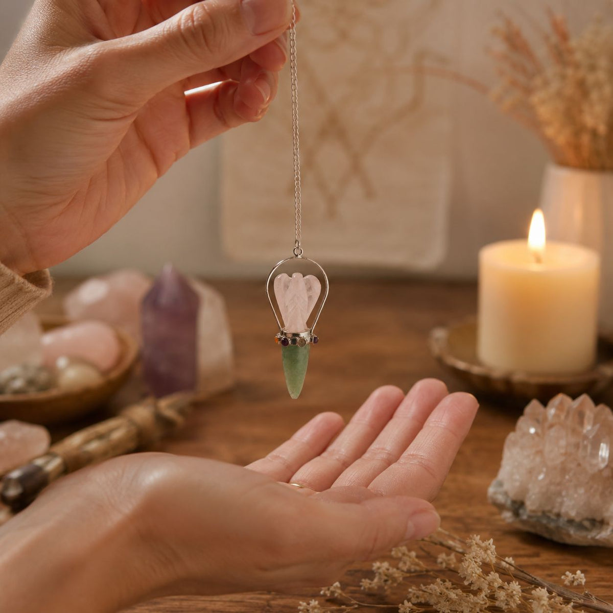 Kristallpendel Heart Oracle – rosenkvarts & grön aventurin