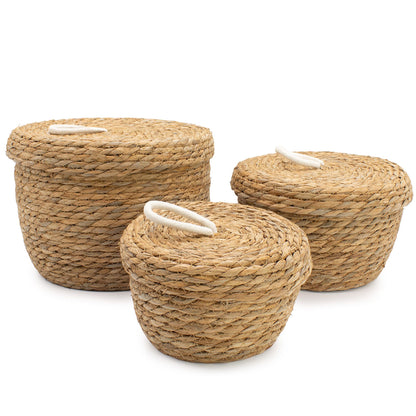 Runda förvaringskorgar med lock – sjögräs/bomull, 3-pack
