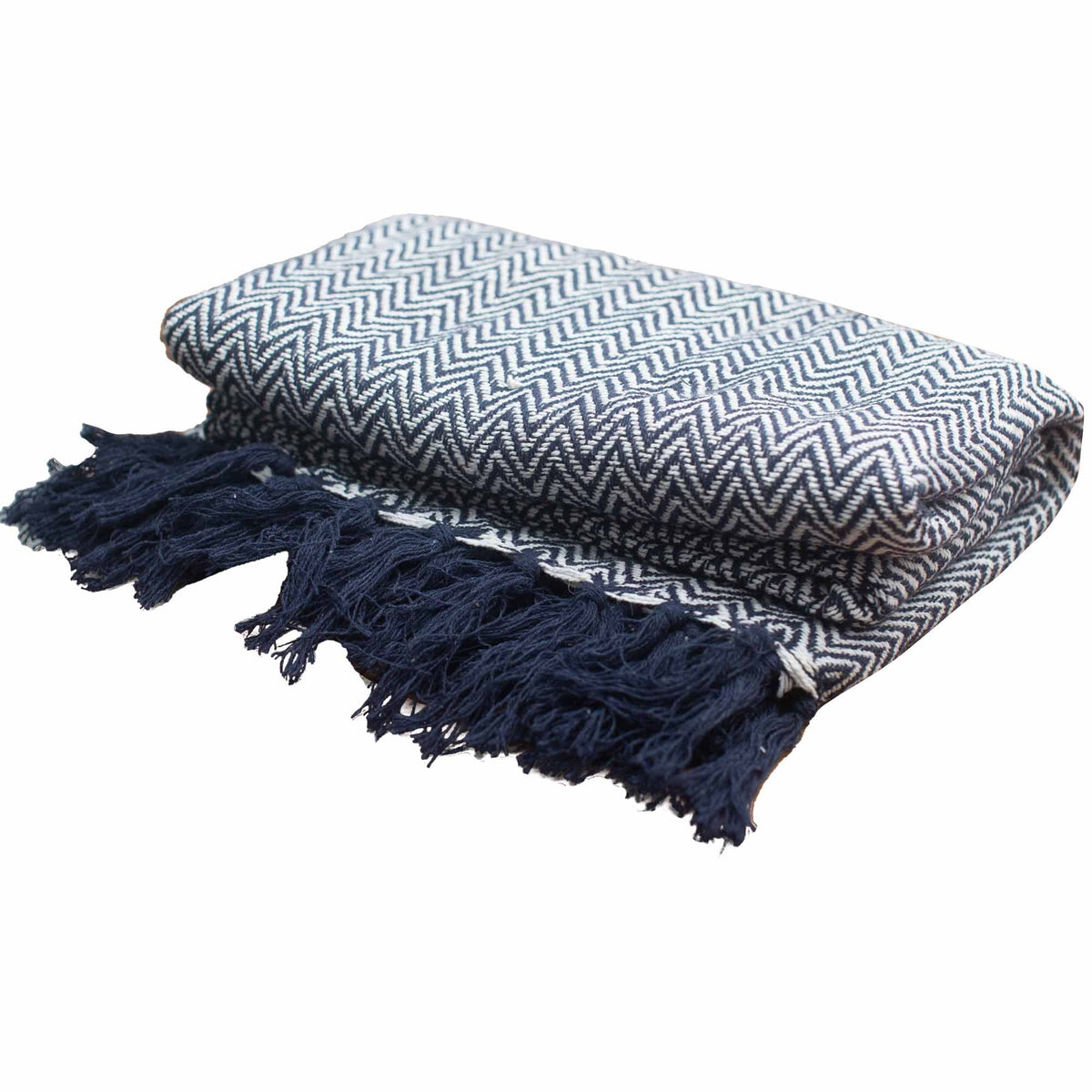 Prydnadspläd – marinblå sicksack, 125 × 150 cm