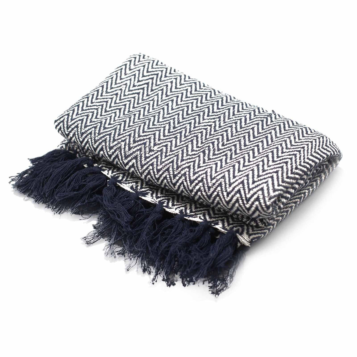 Prydnadspläd – marinblå sicksack, 125 × 150 cm