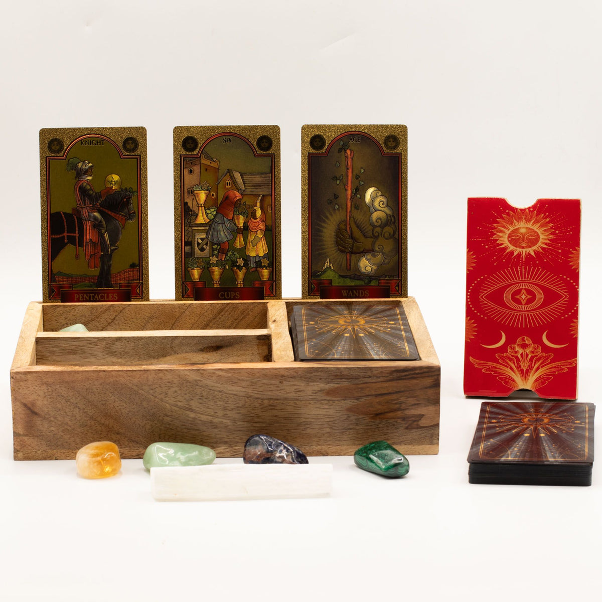 Tarotbox i mangoträ – tre fack & korthållare