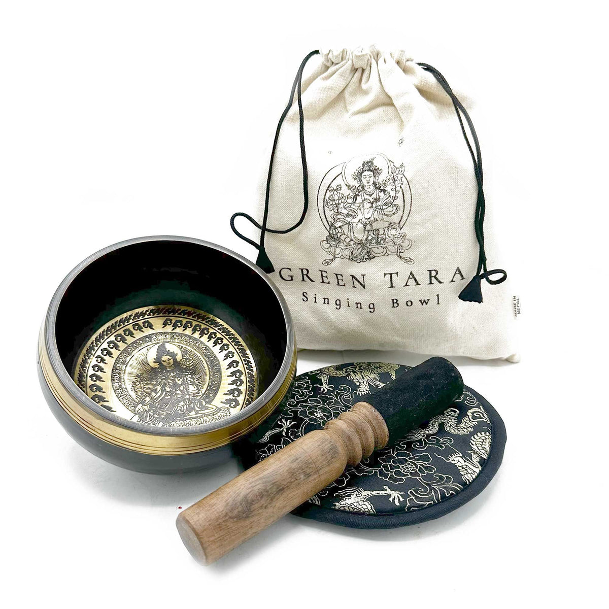 Handhamrat klangskålsset – Gröna Tara, 14 cm