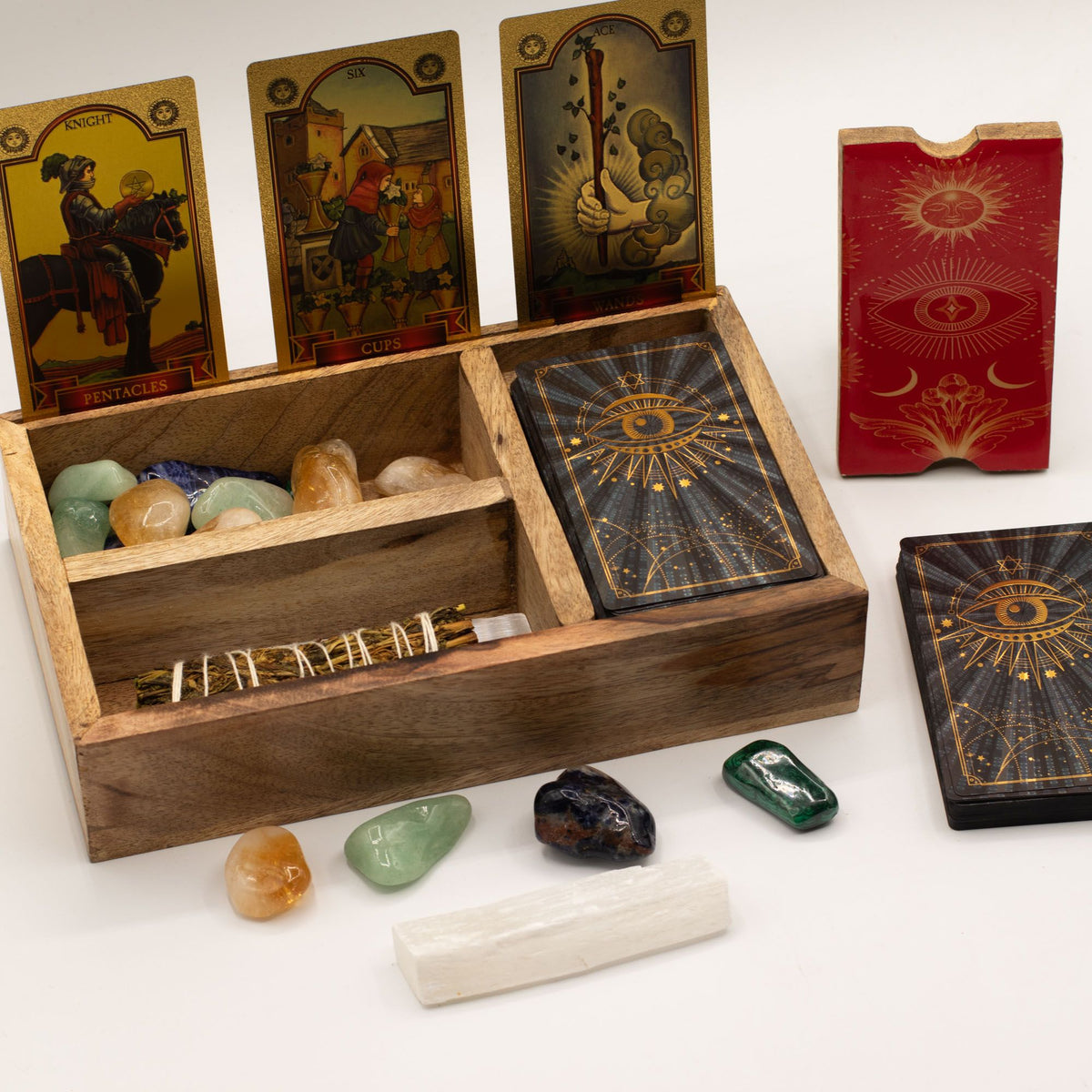 Tarotbox i mangoträ – tre fack & korthållare