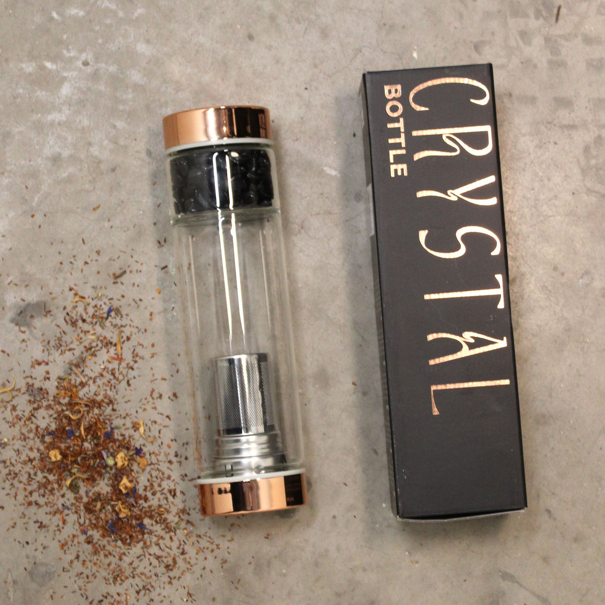 Teflaska i glas med tesil – rosenkvarts, 500 ml