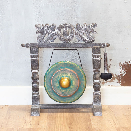 Gong med trästativ – grönpatinerad finish, 25 cm
