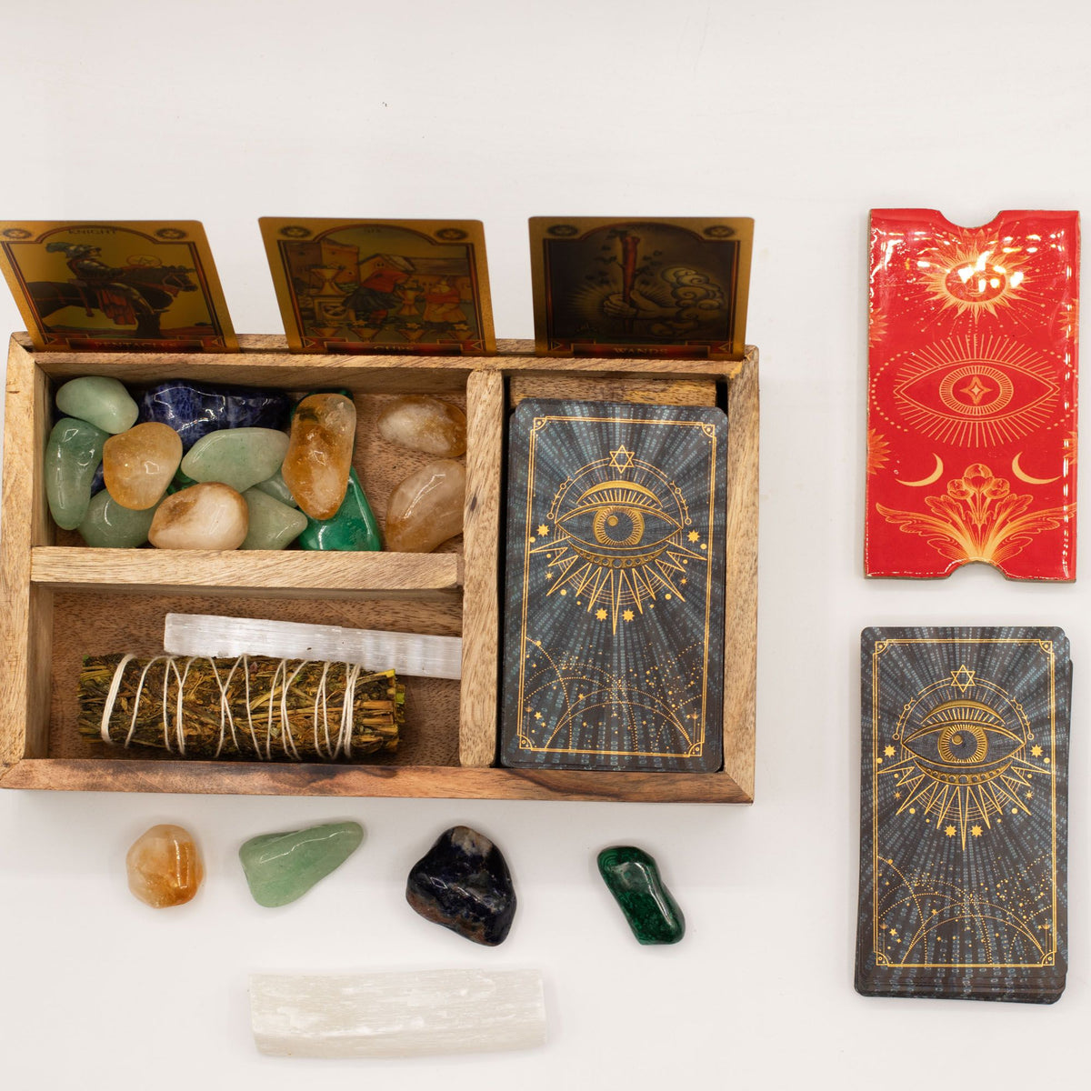Tarotbox i mangoträ – tre fack & korthållare