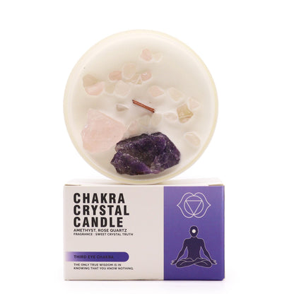 Chakraljus med kristaller – Tredje ögat-chakra, ametist & rosenkvarts