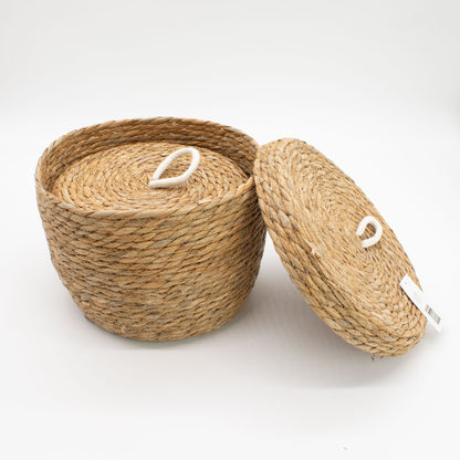 Runda förvaringskorgar med lock – sjögräs/bomull, 3-pack