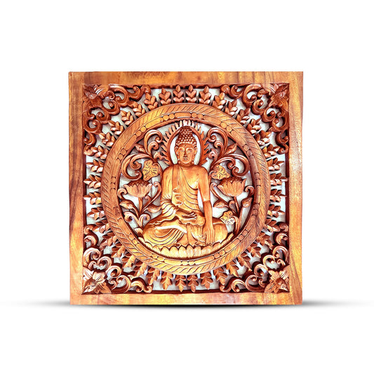 Väggpanel i trä – Buddha, 40 × 40 cm