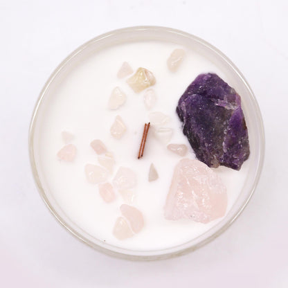 Chakraljus med kristaller – Tredje ögat-chakra, ametist & rosenkvarts