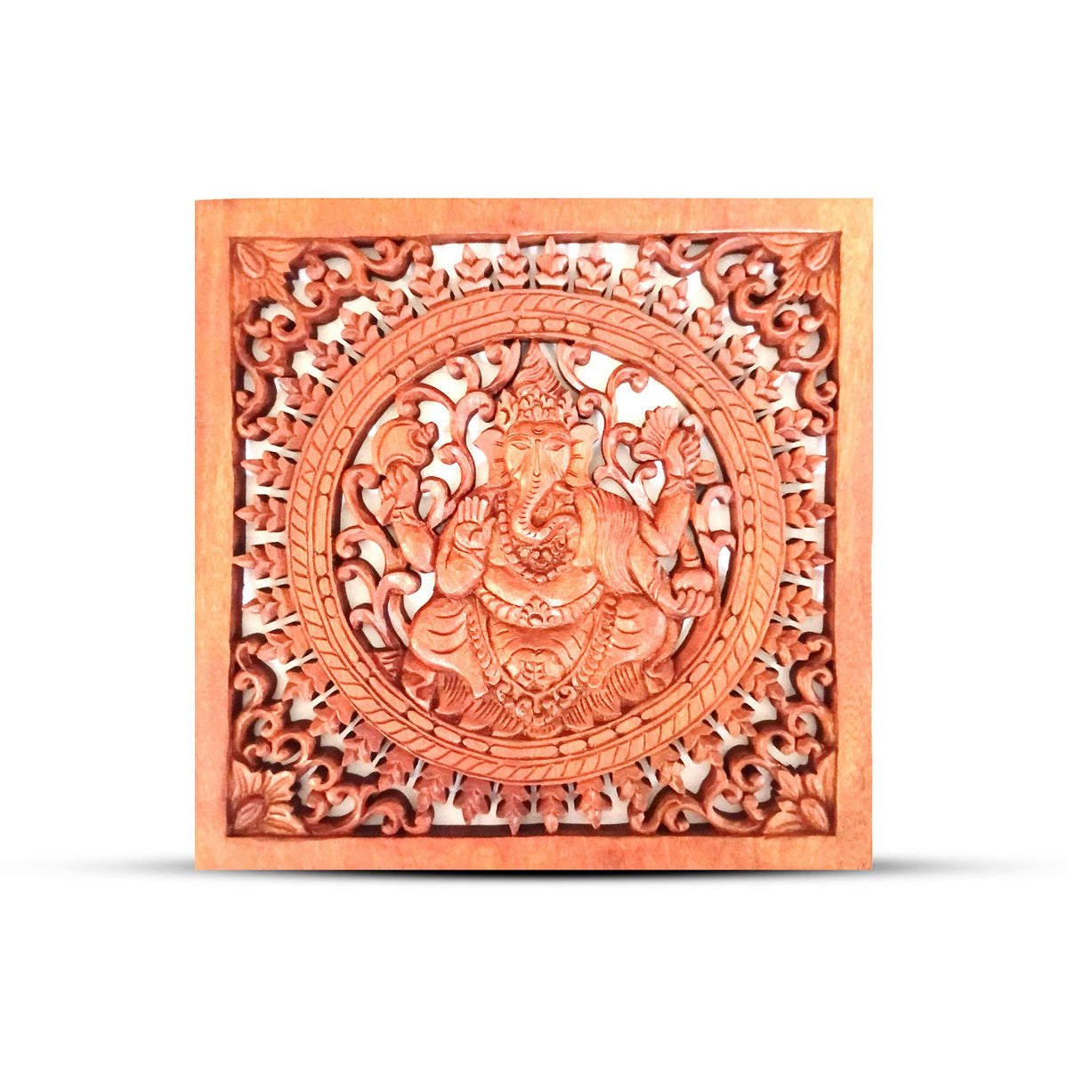 Väggpanel i trä – Buddha och Ganesha, 40 × 40 cm