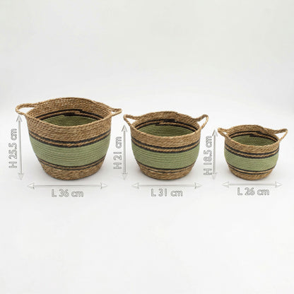 Stora förvaringskorgar i bomull/sjögräs – svart/grön, 3-pack