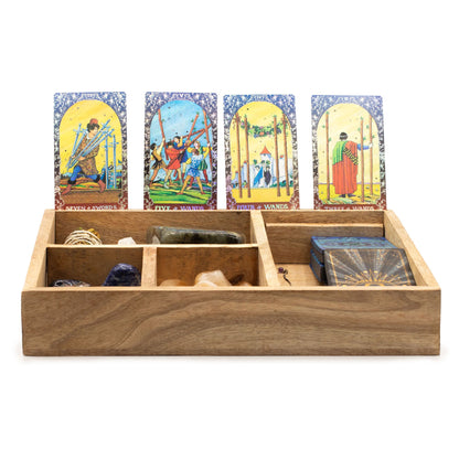 Tarotbox i trä – fyra breda fack & korthållare