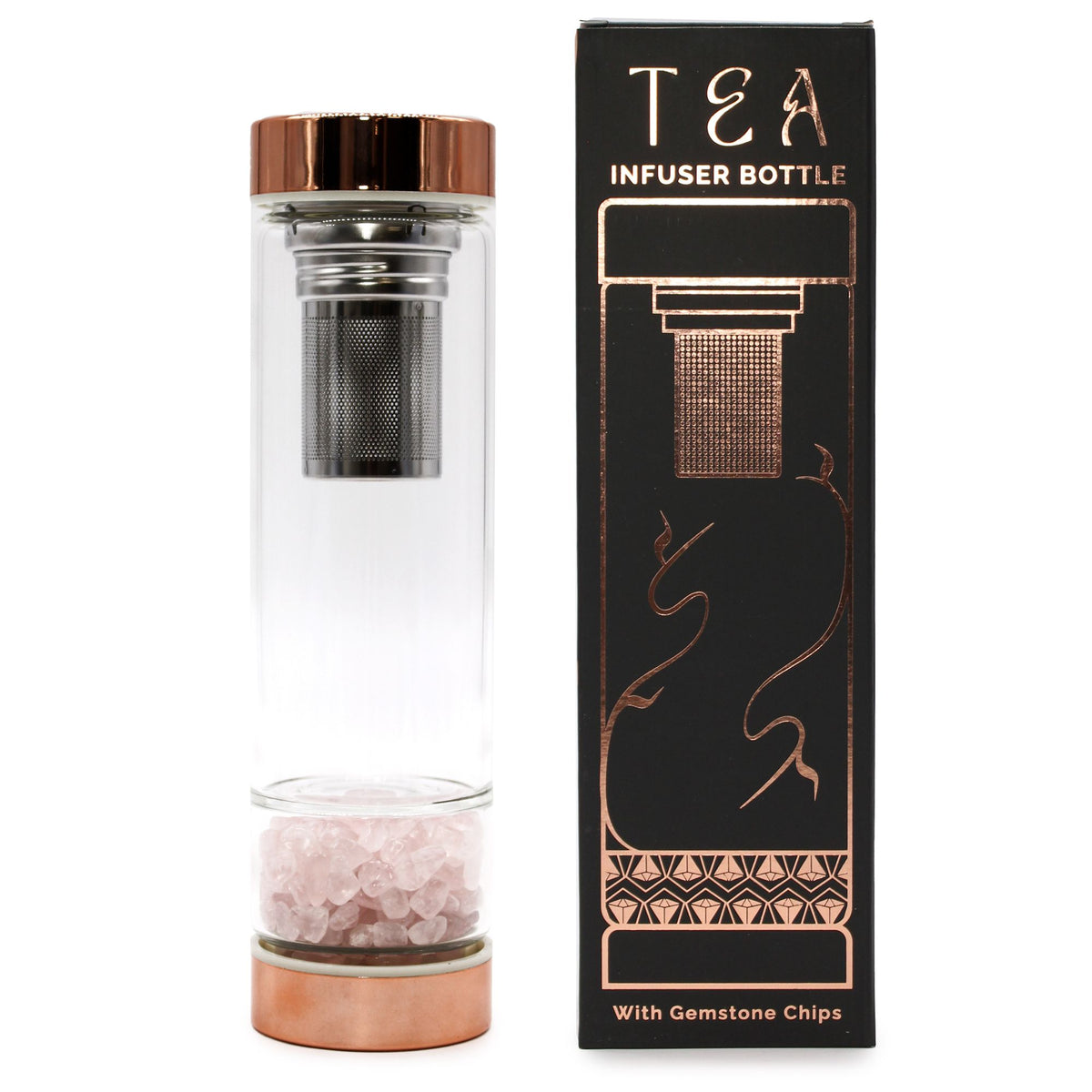 Teflaska i glas med tesil – rosenkvarts, 500 ml