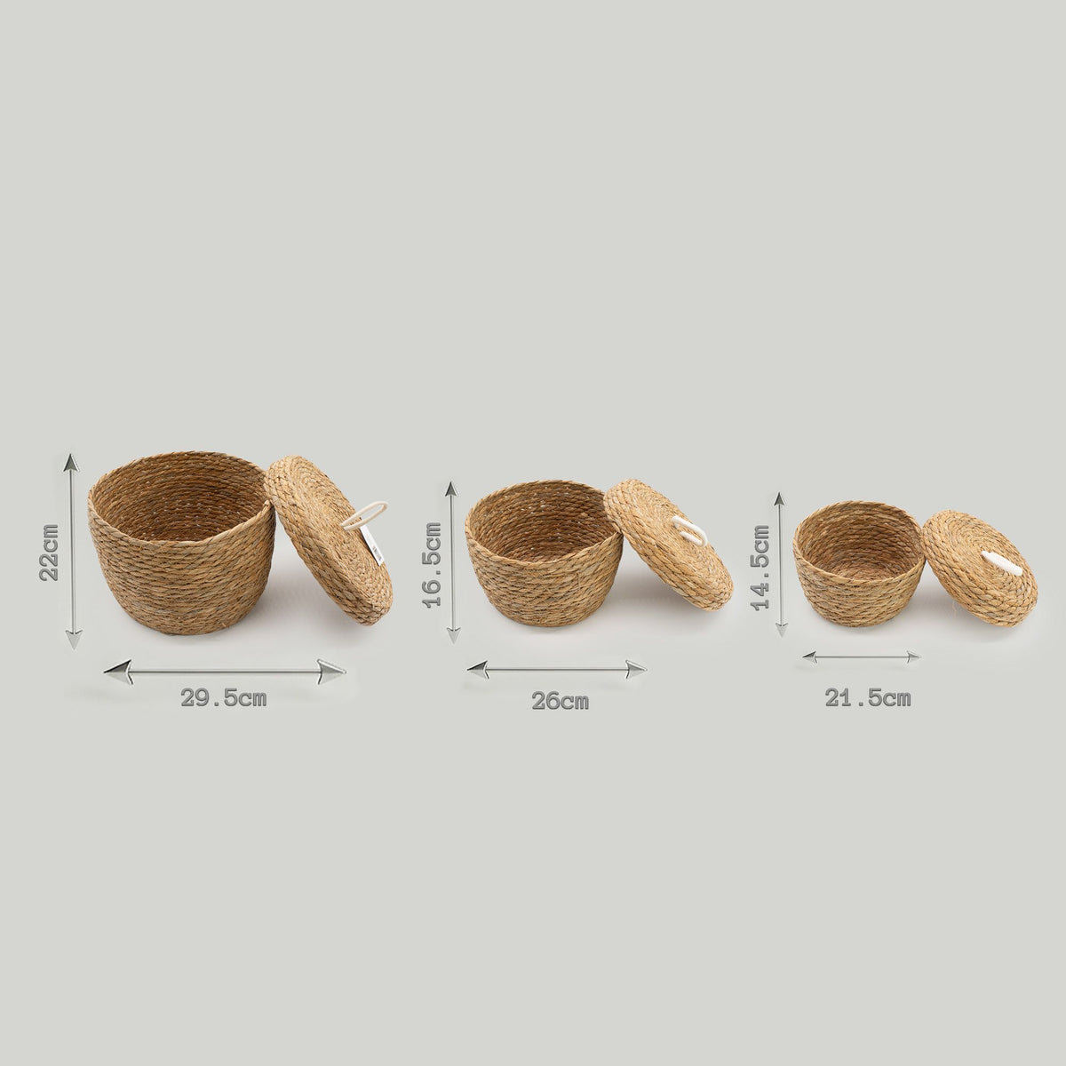 Runda förvaringskorgar med lock – sjögräs/bomull, 3-pack