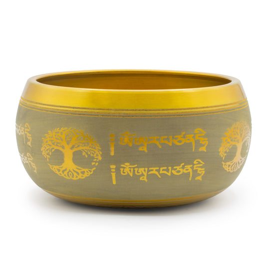 Stor klangskål i aluminium – Buddha & Livets träd, 19 cm